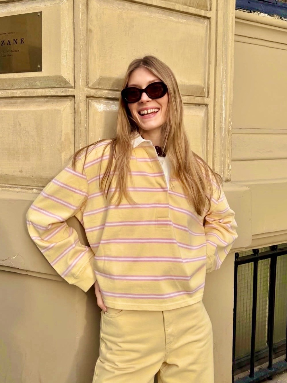 Sézane Elio pastel yellow with pink stripes polo shirt